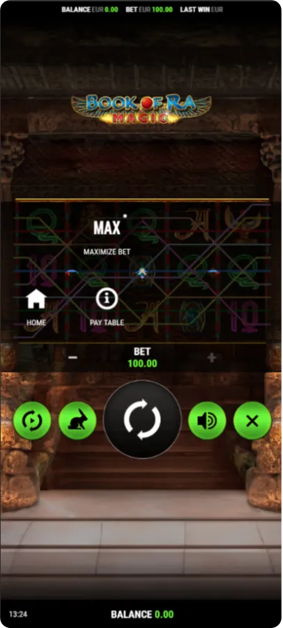 Bet settings panel with line selection and coin value controls in Book of Ra Magic