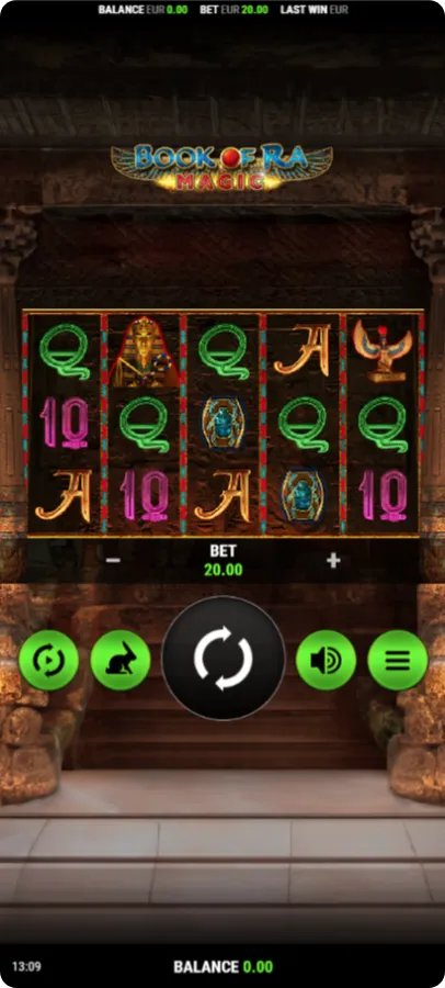 Book of Ra Magic main game screen with 5×3 reels and adventure theme