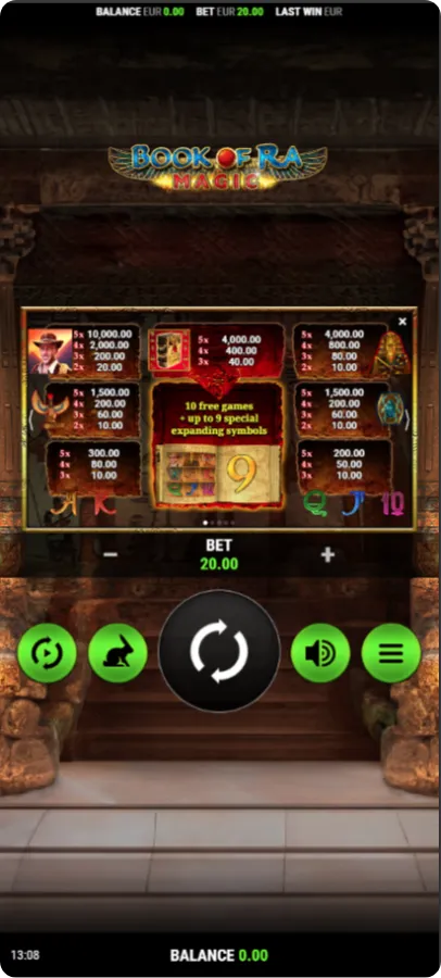 Book of Ra Magic paytable with symbol values and line payouts